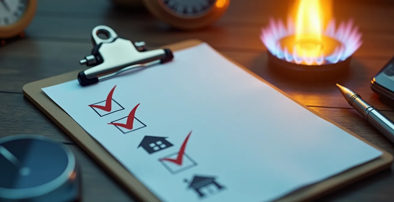 Symbolische afbeelding van een checklist met huis en energie-iconen